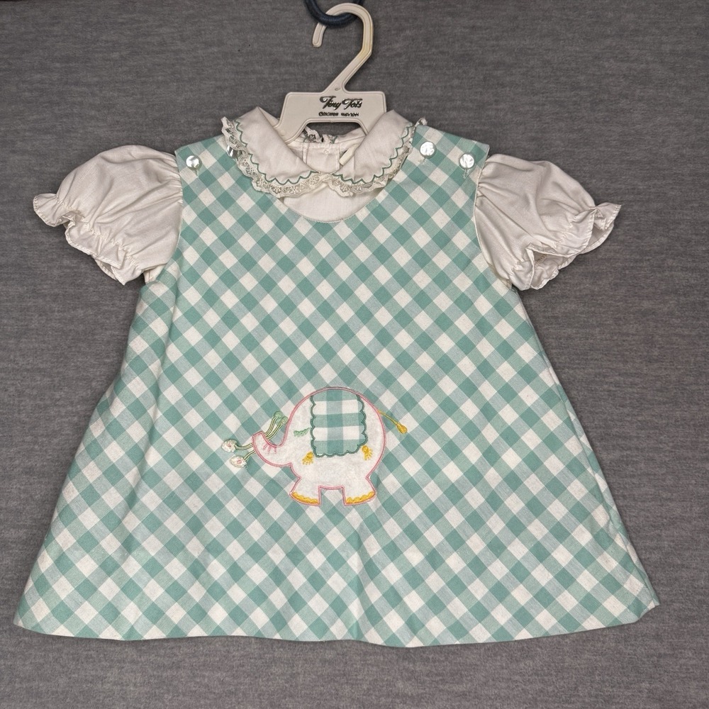 VTG Baby Girls Elephant Dress Tiny Tots Gingham Embroidered Pinafore ? 12 Month - Picture 1 of 7